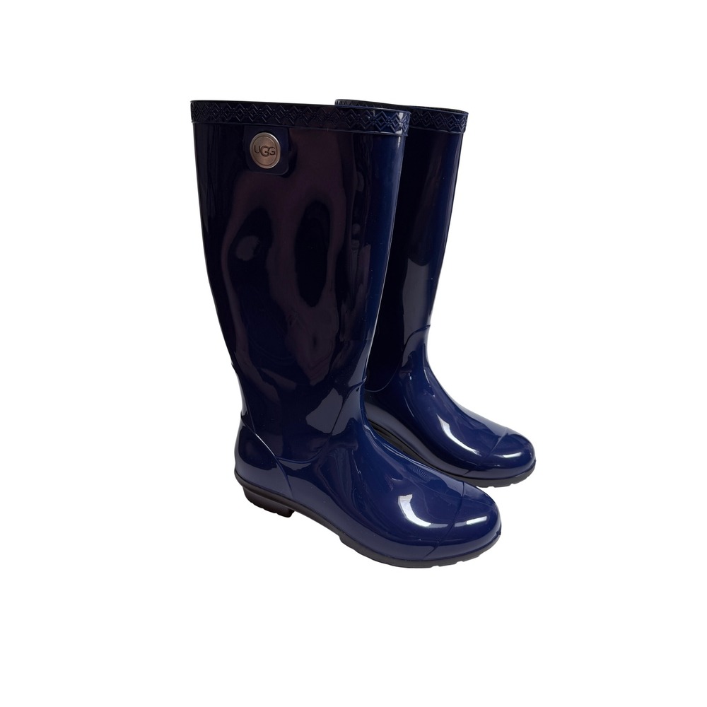 UGG Shaye Navy Blue Glossy Tall Waterproof Rain Boots Lug Sole sz6 Nautical
